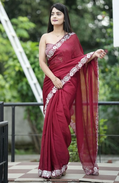 Maroon Embroidered Party Wear Saree