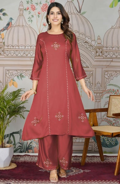 Maroon Embroidered Pure Gaji Silk Kurta Set