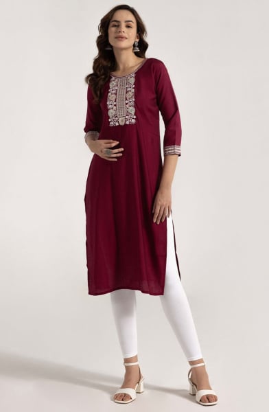 Maroon Embroidered Rayon Kurti