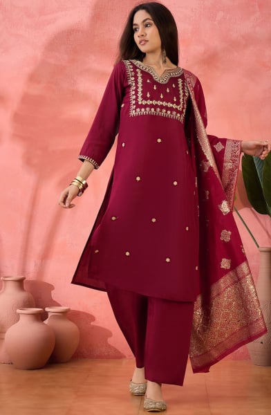 Maroon Embroidered Roman Silk Readymade Suit