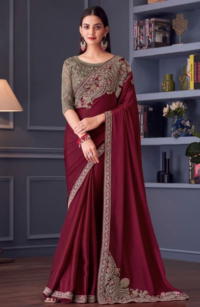 Maroon Embroidered Satin Silk Designer Saree