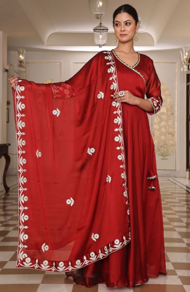 Maroon Embroidered Silk Anarkali Suit