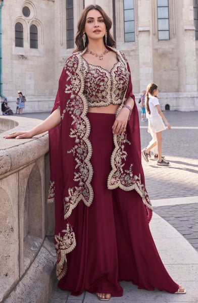 Maroon Embroidered Silk Designer IndoWestern