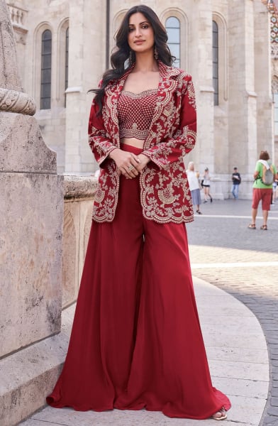 Maroon Embroidered Silk Designer IndoWestern