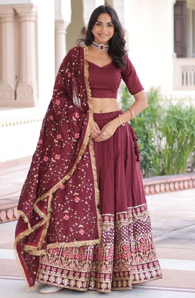 Maroon Embroidered Silk Lehenga Choli