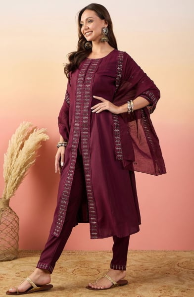 Maroon Embroidered Silk Readymade Pant Kameez