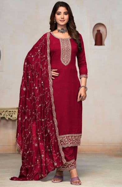 Maroon Embroidered Silk Trouser Kameez