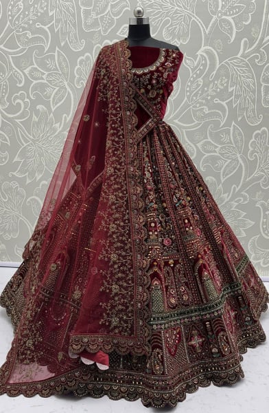 Maroon Embroidered Velvet Bridal Lehenga Choli