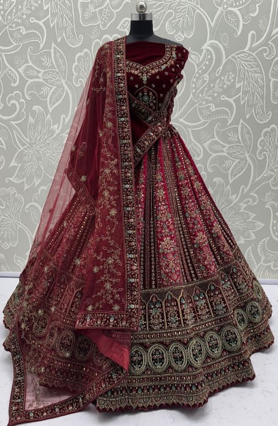 Maroon Embroidered Velvet Bridal Lehenga Choli