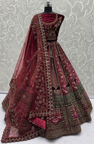 Maroon Embroidered Velvet Bridal Lehenga Choli