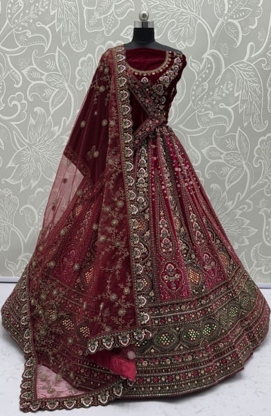 Maroon Embroidered Velvet Bridal Lehenga Choli