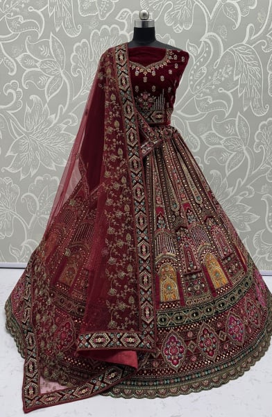 Maroon Embroidered Velvet Bridal Lehenga Choli