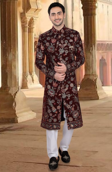 Maroon Embroidered Velvet Designer Sherwani