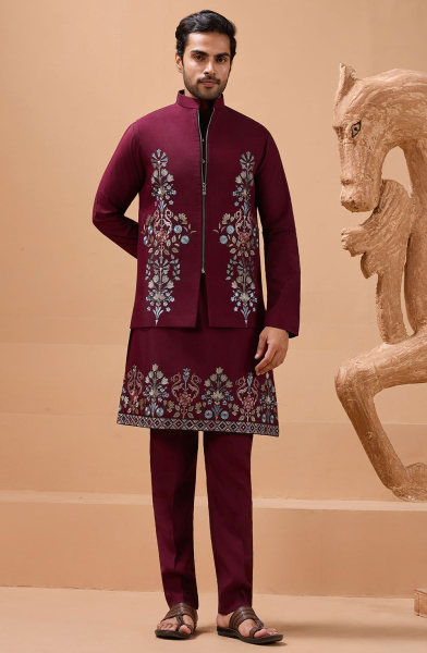 Maroon Embroidered Viscose Silk Kurta Set with Jacket