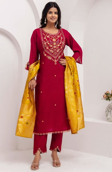 Maroon Embroidered Viscose Silk Readymade Suit