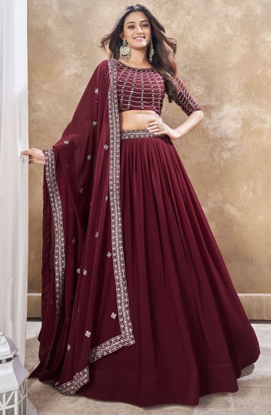 Maroon Faux Georgette Lehenga with Embroidered Choli and Dupatta