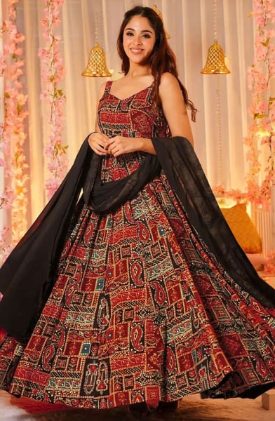 Maroon Flared Rayon Gown with Dupatta