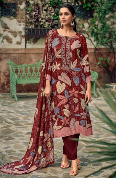 Maroon Floral Print Pashmina Pant Kameez