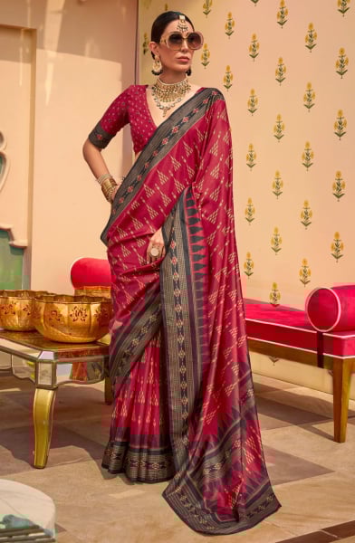 Maroon Foil Print Mercerized Silk Saree