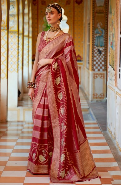 Maroon Foil Print Silk Saree for Festival
