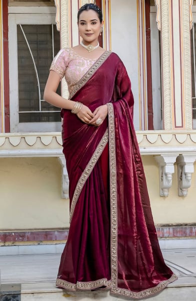 Maroon Handwork Satin Saree for Wedding