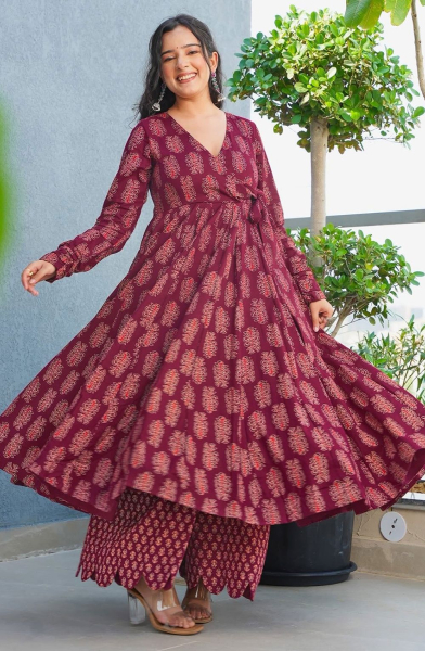 Maroon Heavy Rayon Plus Size Kurti with Bottom