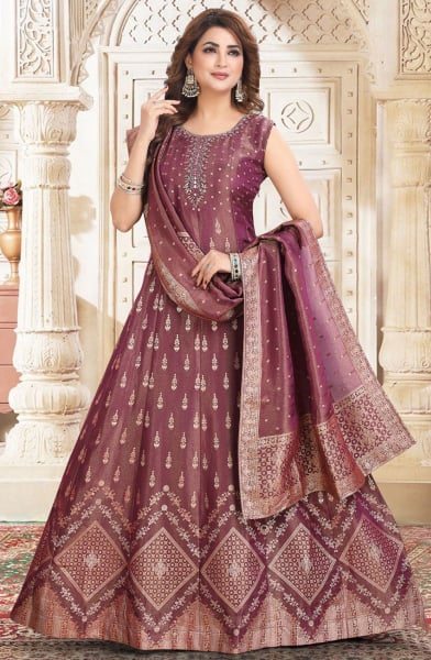 Maroon Jacquard Anarkali Gown with Dupatta