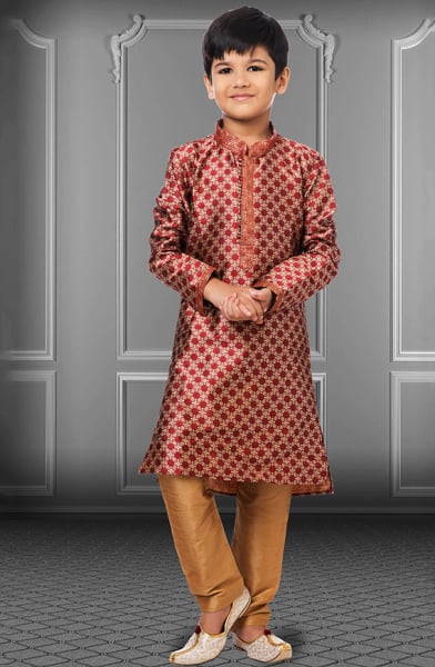 Maroon Jacquard Silk Kids Kurta Set