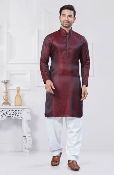 Maroon Jacquard Silk Woven Kurta Set