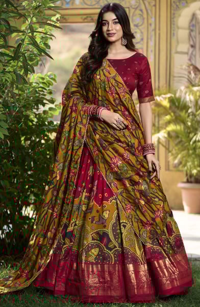 Maroon Kalamkari Print Tussar Silk Chaniya Choli
