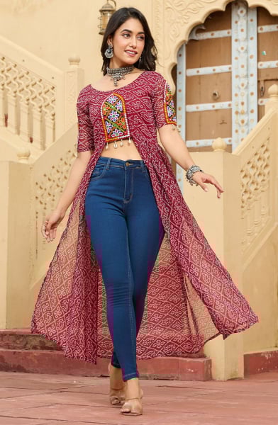 Maroon Kutchi Gamthi Work Faux Georgette Kurti