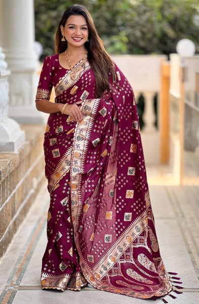 Maroon Meenakari Weaving Dola Silk Saree