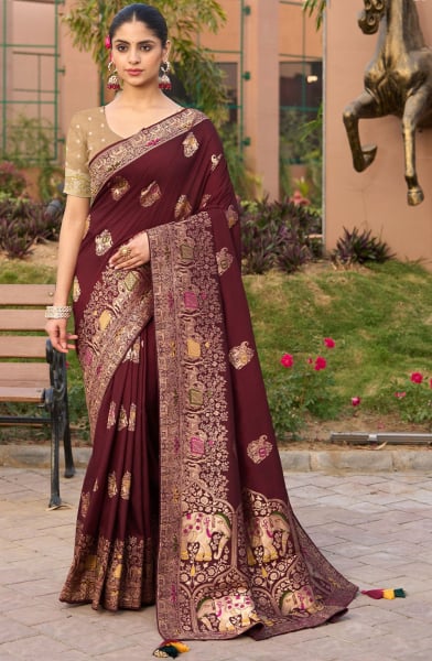 Maroon Meenakari Weaving Pure Dola Silk Saree