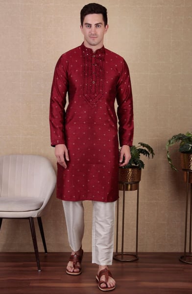 Maroon Mirror Work Jacquard Silk Kurta Set