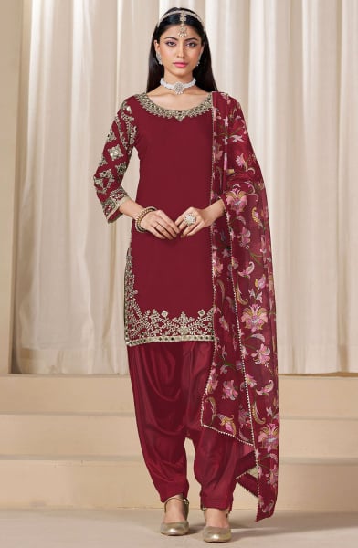 Maroon Mirror Work Viscose Chanderi Patiala Kameez