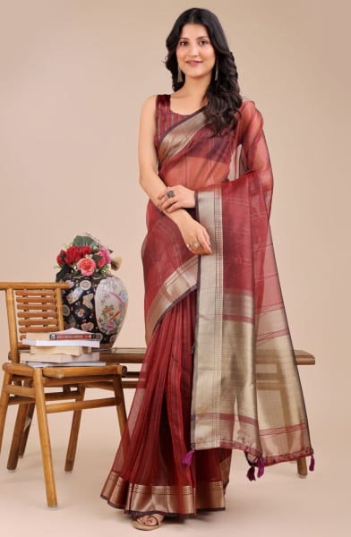 Maroon Organza Woven Saree