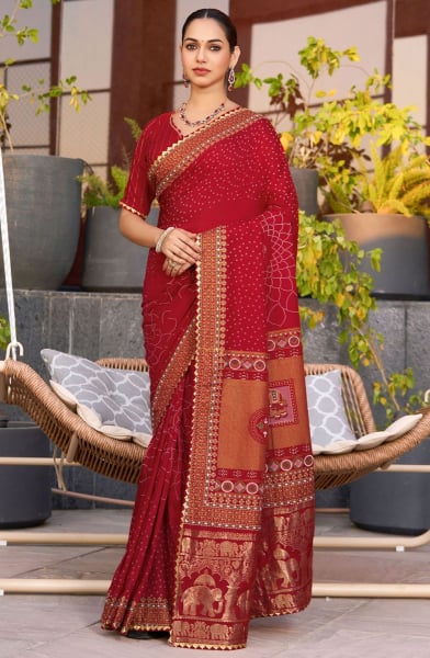 Maroon Printed Cotton Saree for Festival
