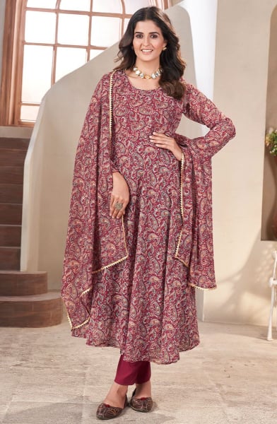 Maroon Printed Georgette Readymade Anarkali Suit