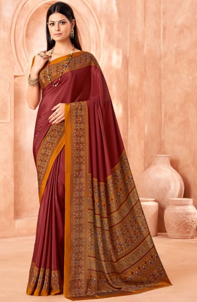 Maroon Printed Silk Crepe Saree