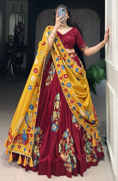 Maroon Printed Tussar Silk Lehenga Choli