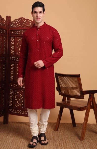 Maroon Rayon Kurta Set for Men
