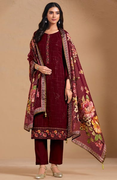 Maroon Resham Embroidered Chinnon Chiffon Pant Kameez
