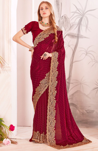 Maroon Resham Embroidered Fendi Silk Saree