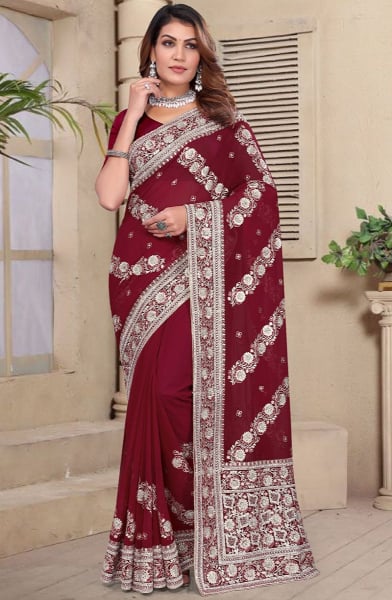 Maroon Resham Embroidered Georgette Saree