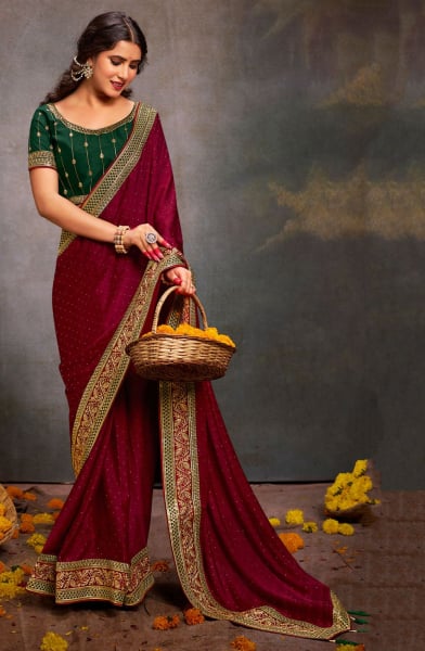 Maroon Satin Saree with Embroidered Blouse
