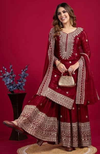 Maroon Sequins Embroidered Chinnon Sarara Kameez