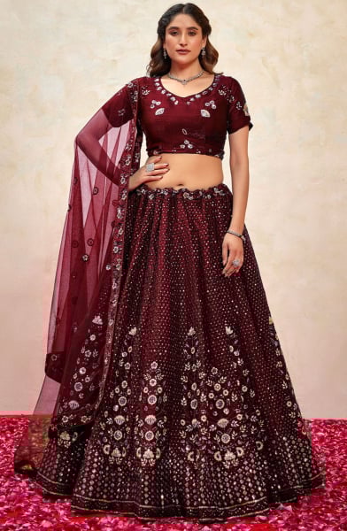 Maroon Sequins Embroidered Silk Lehenga Choli