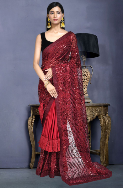 Maroon Sequins Embroidered Silk Saree