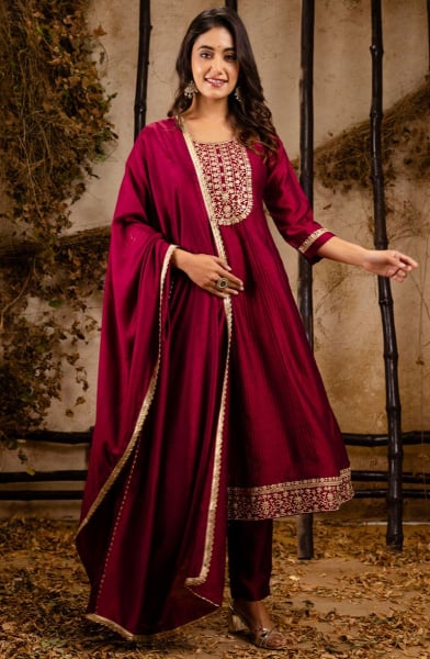 Maroon Silk Blend Readymade Pant Kameez
