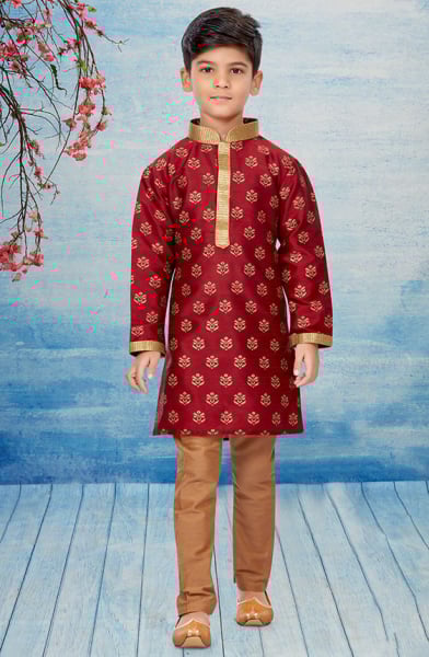 Maroon Silk Dupion Kids Kurta Set